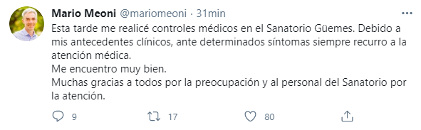 Finalmente, a las 22, fue el mismo Meoni quien utilizó sus redes para enviar un mensaje de tranquilidad