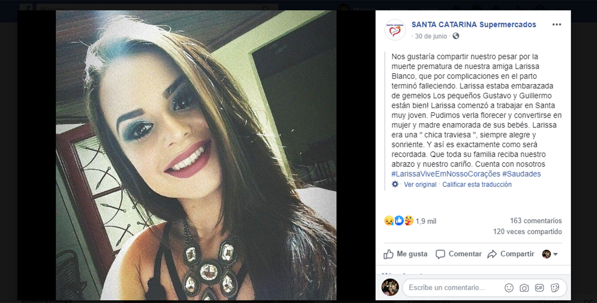 Larissa vivía en Macatuba y trabajaba hace años en el Supermercado “Santa Catarina” que, en cuanto tomó conocimiento de su fallecimiento, le dedicó un posteo en redes sociales (Foto/Facebook).
