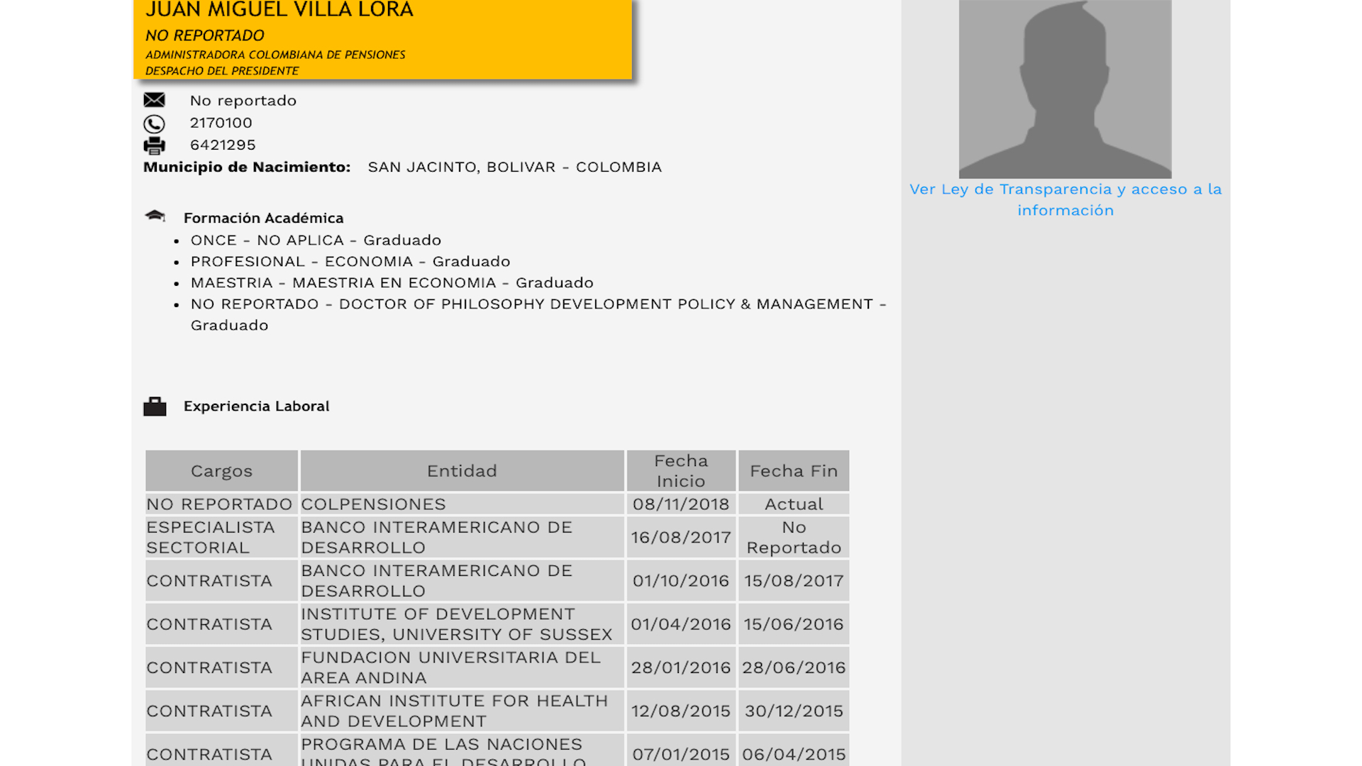Hoja de vida más reciente de Juan Miguel Villa, expresidente de Colpensiones 2018 - 2022
