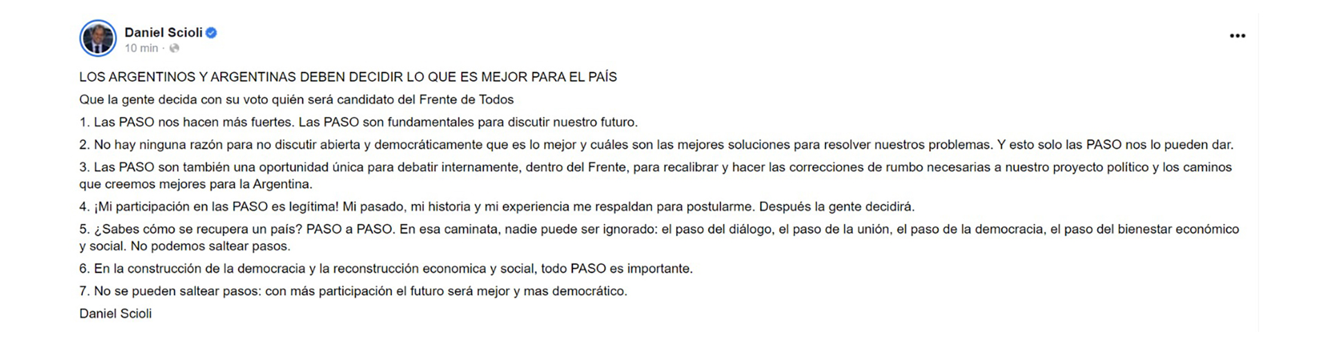 El mensaje completo de Daniel Scioli