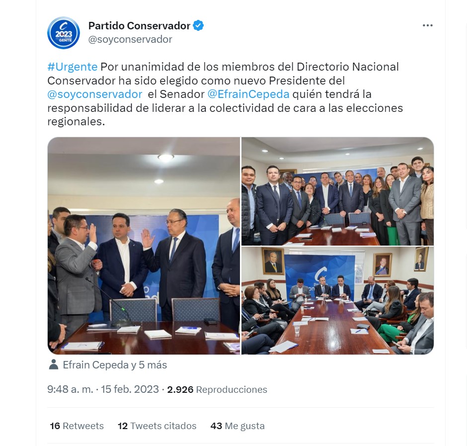 Carlos A. Trujillo sale de presidencia del partido Conservador; llega Efraín Cepeda. Twitter.