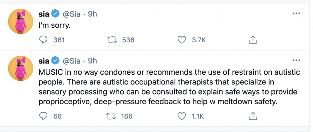Sia se disculpó en sus redes sociales por no haber hecho una "buena investigación" del espectro autista
Foto: Twitter/@Sia