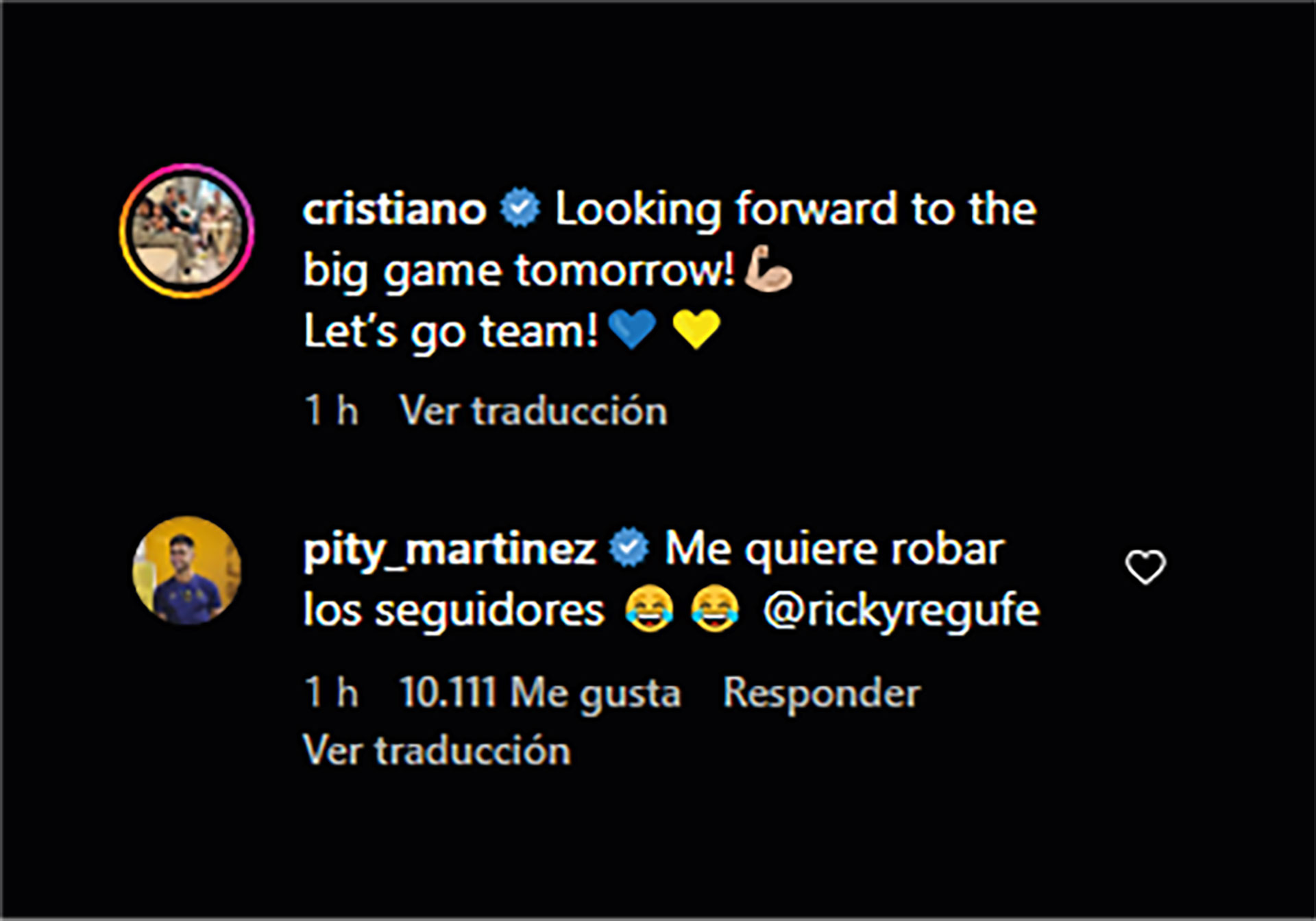 El comentario de CR7 y la graciosa respuesta de Pity Martínez (@cristiano)