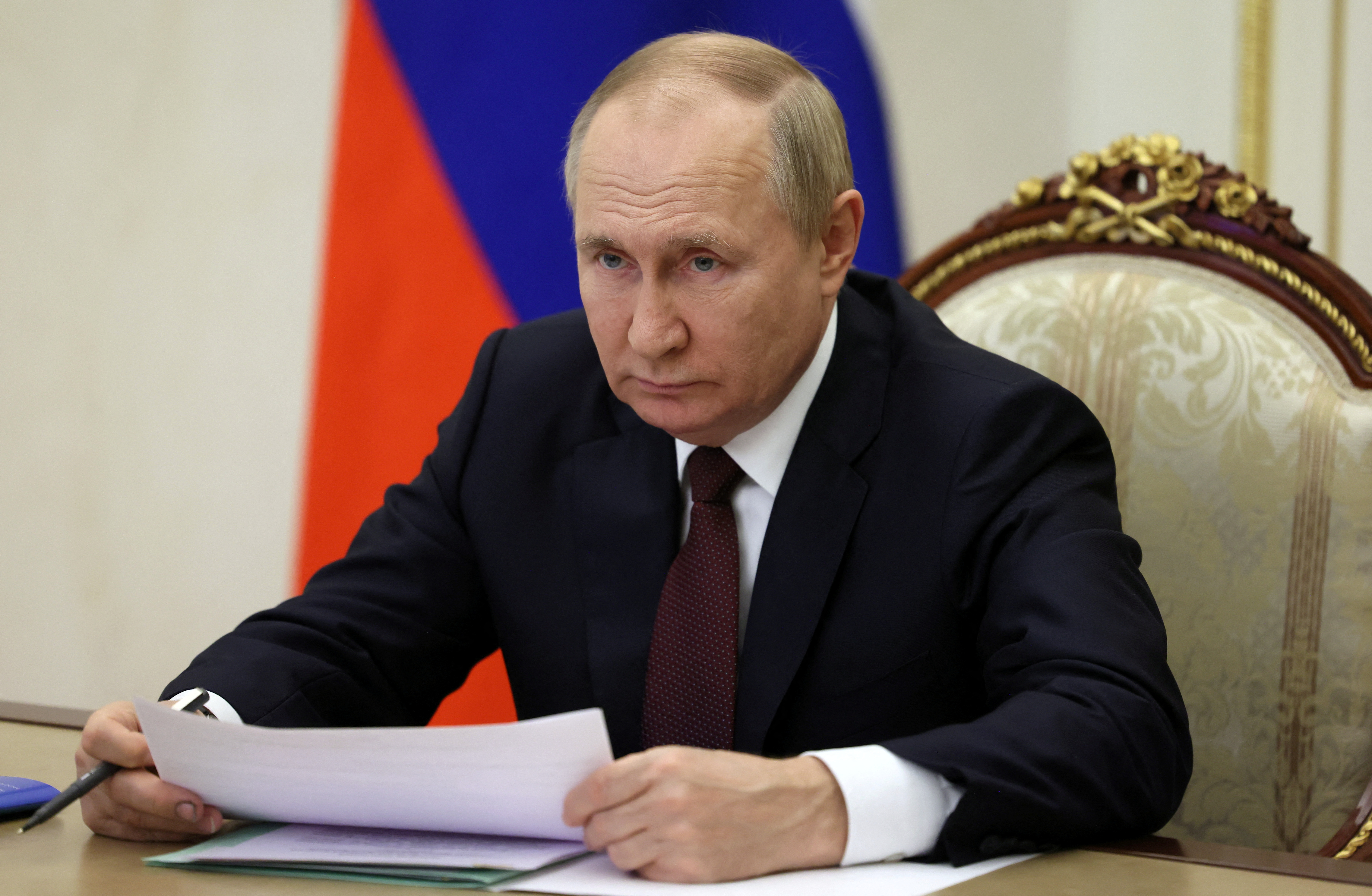 Russian President Vladimir Putin chairs a meeting with members of the government via video conference in Moscow, Russia, on November 3, 2022. Sputnik/Mikhail Metzel/Pool via REUTERS