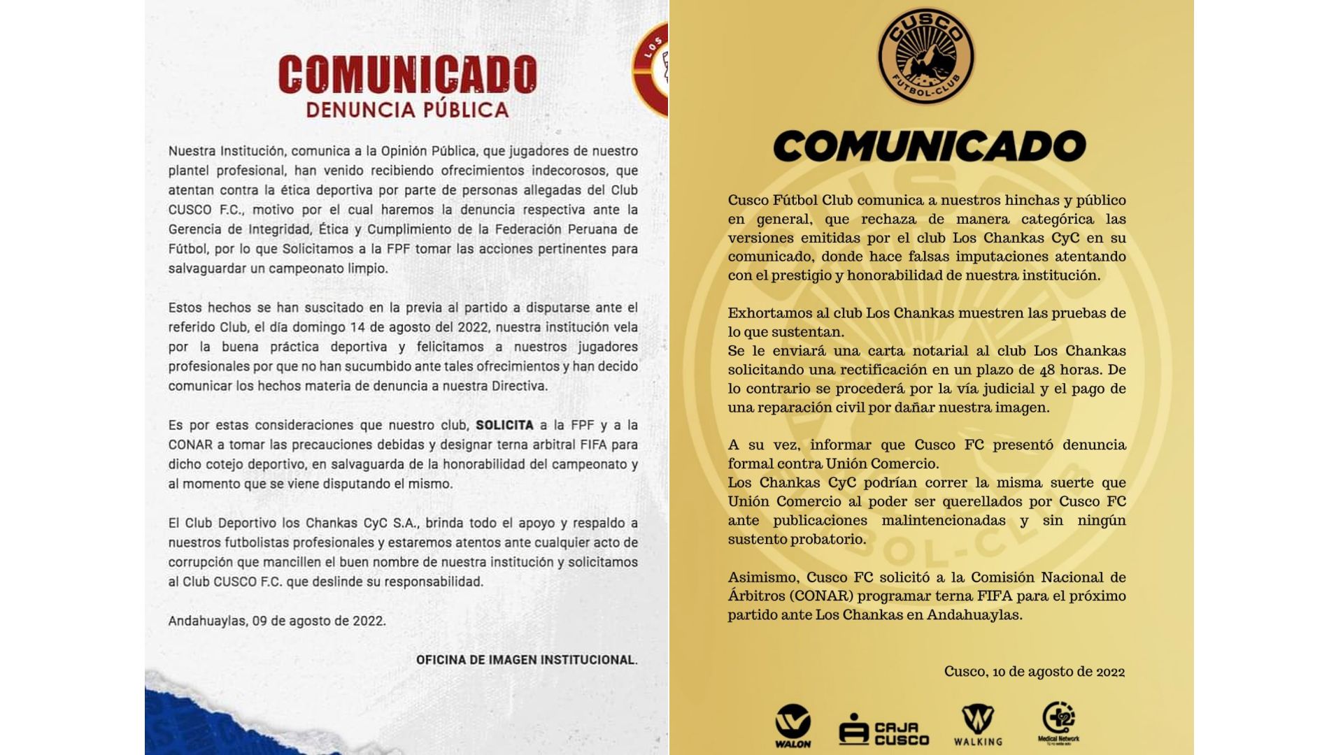 Comunicados de los clubes Los Chankas y Cusco FC