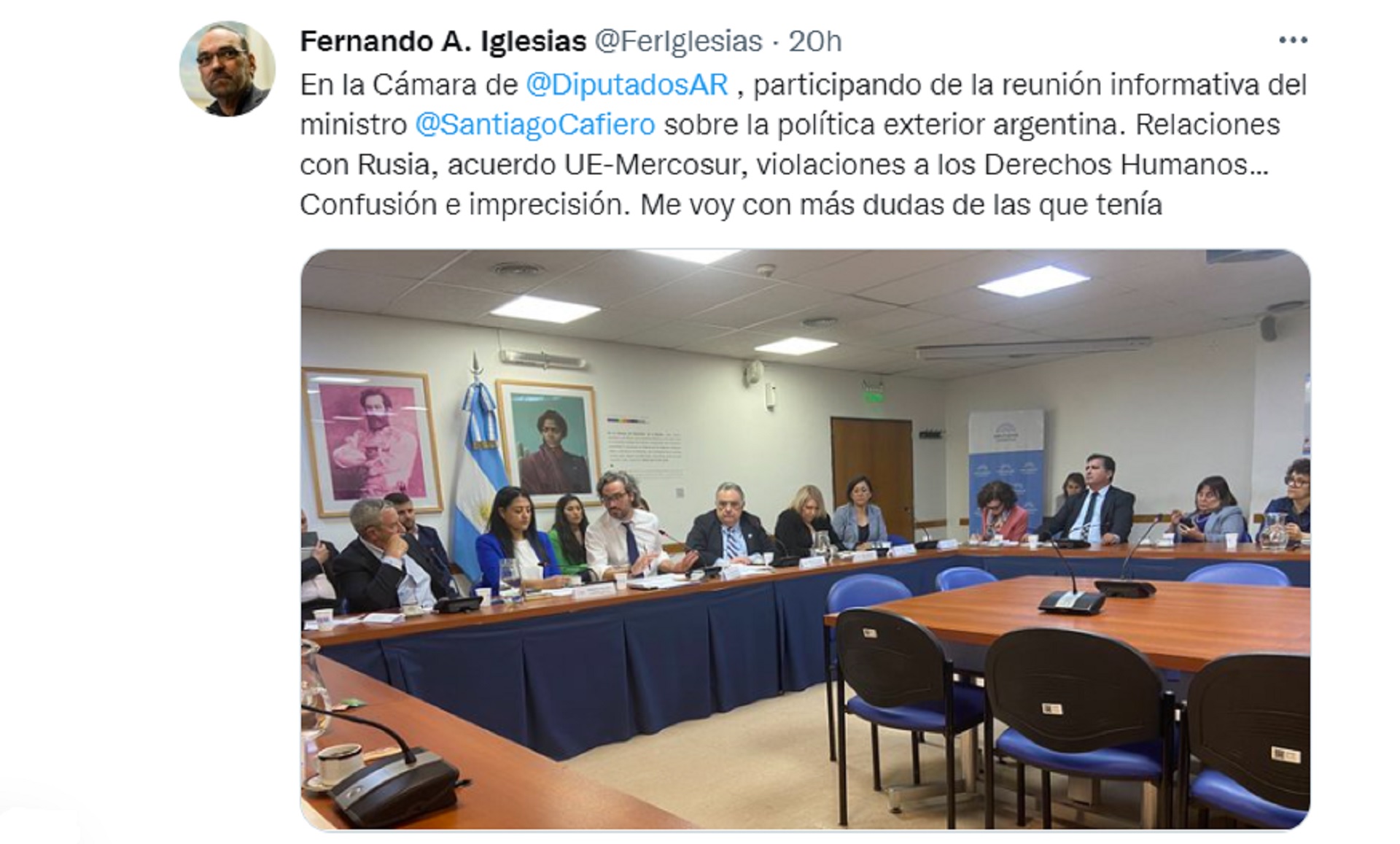 La publicación de Fernando Iglesias con críticas al Canciller