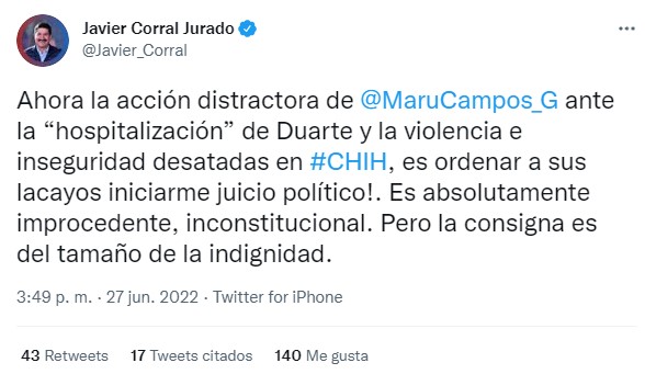 Javier Corral vía Twitter (Captura: Twitter @Javier_Corral)