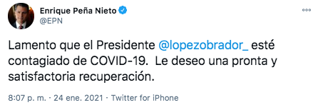 El expresidente Peña Nieto acudió a redes sociales para desear pronta recuperación a AMLO (Foto: Twitter)