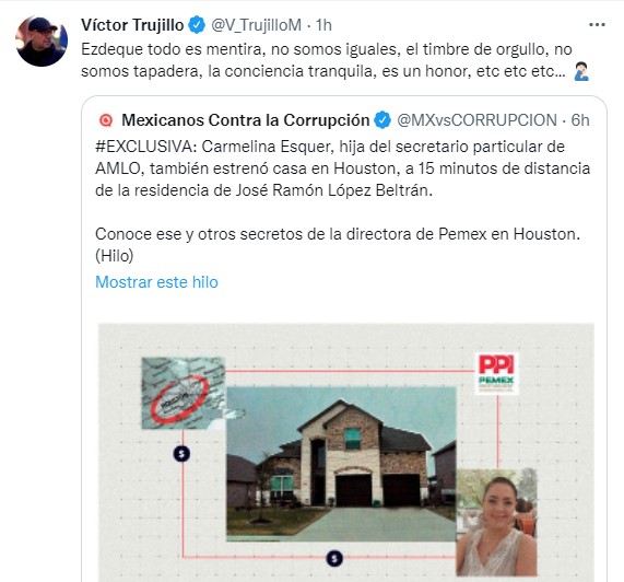 Trujillo  recordó a sus seguidores todas las frases que ha utilizado el mandatario al ser cuestionado sobre posibles actos de corrupción (Foto: Twitter/@V_TrujilloM)