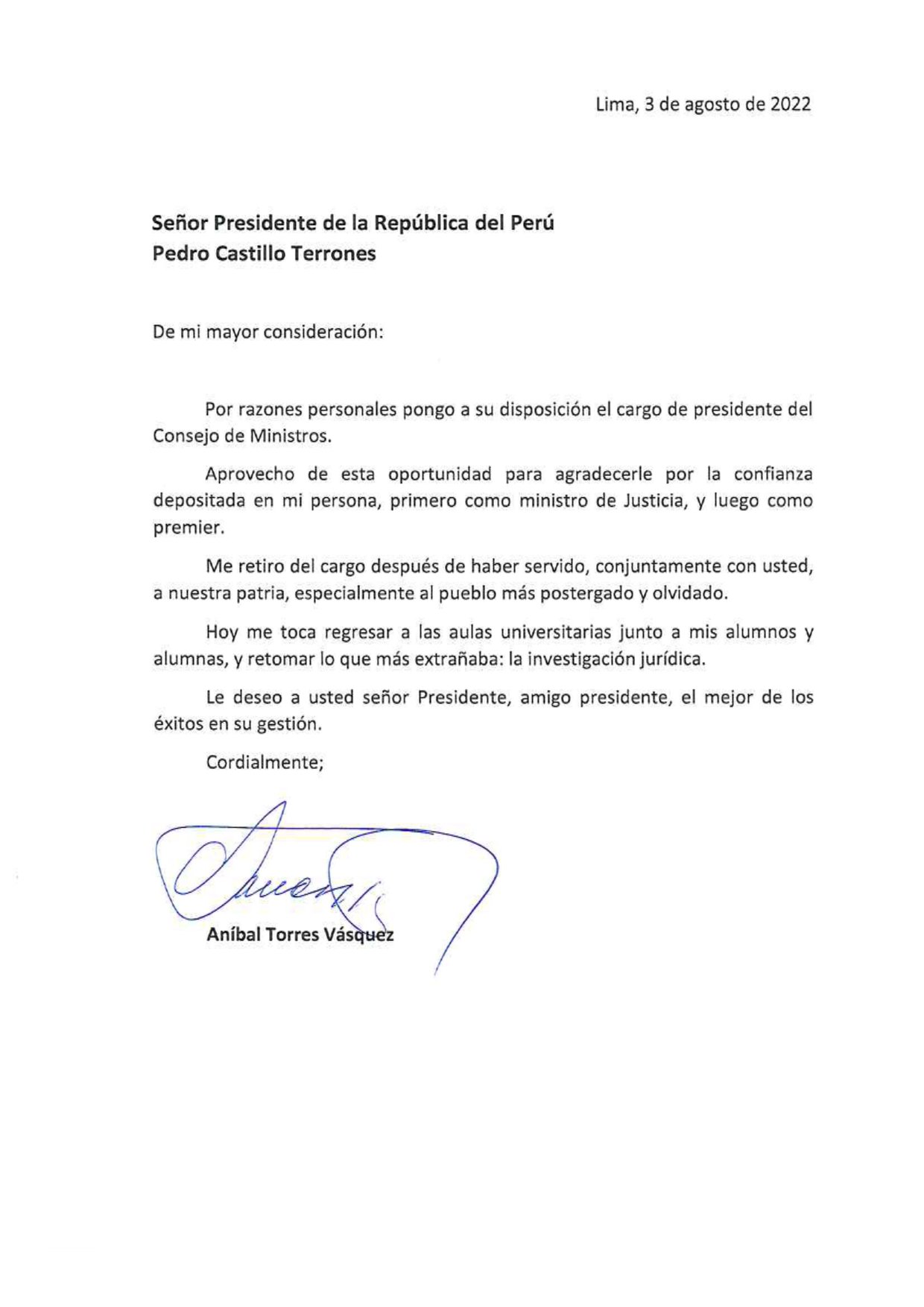 Aníbal Torres presented a letter of resignation from the position of President of the Council of Ministers