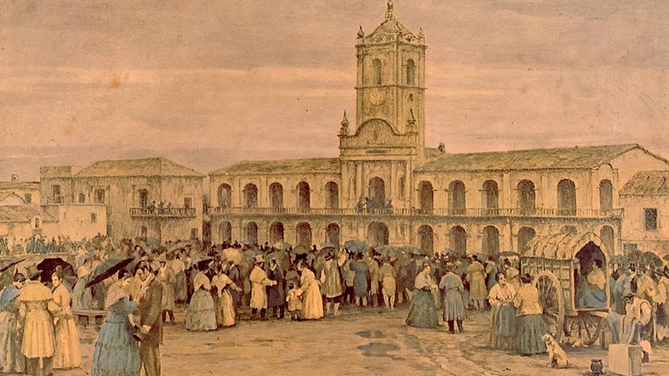 Recreación del 25 de  mayo de 1810, cuando se estableció la Primera Junta de gobierno, y el pueblo expectante  a la espera de noticias
