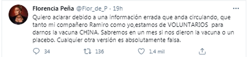 El mensaje de aclaración de Flor Peña