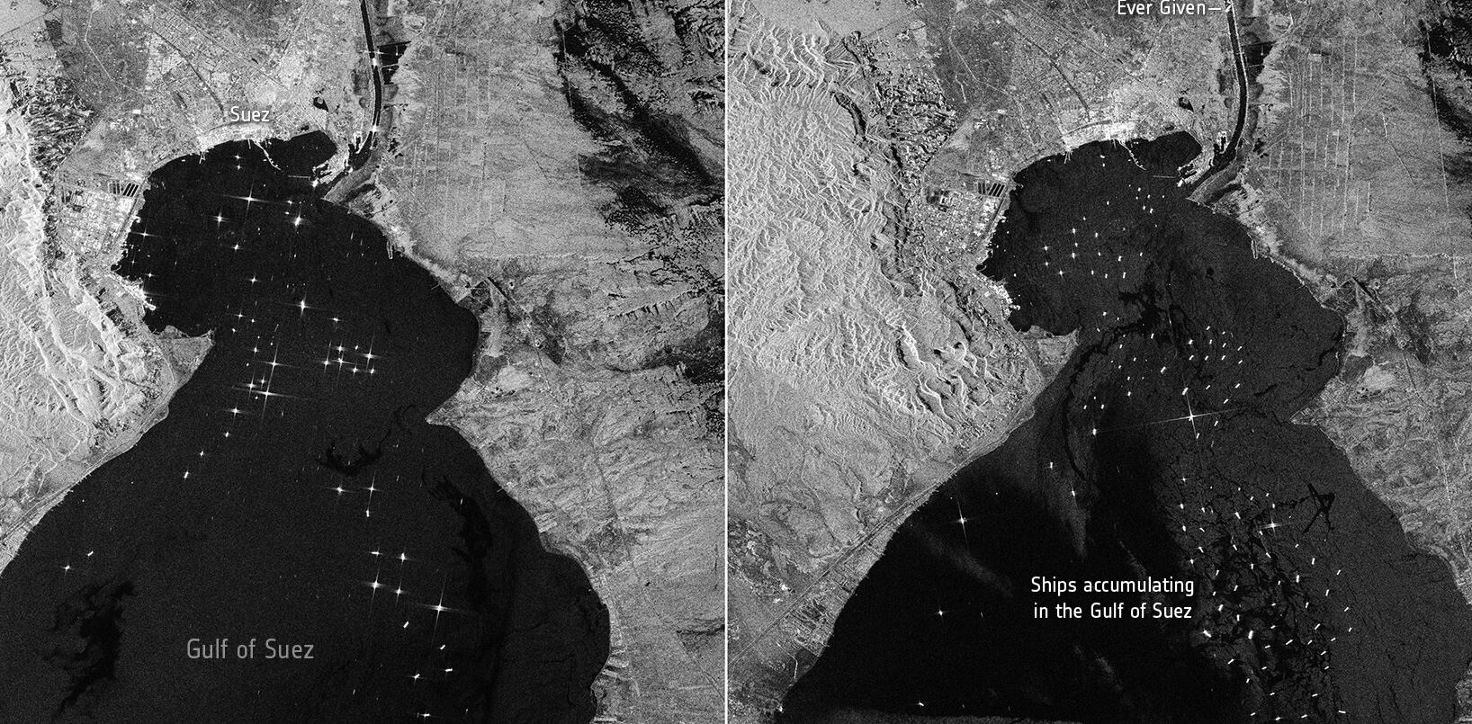 El enorme buque portacontenedores Ever Given, encajado en el Canal de Suez de Egipto, y el resto de los buques esperando su liberación pueden verse en unas imágenes capturadas por la misión Copernicus Sentinel-1 de la ESA