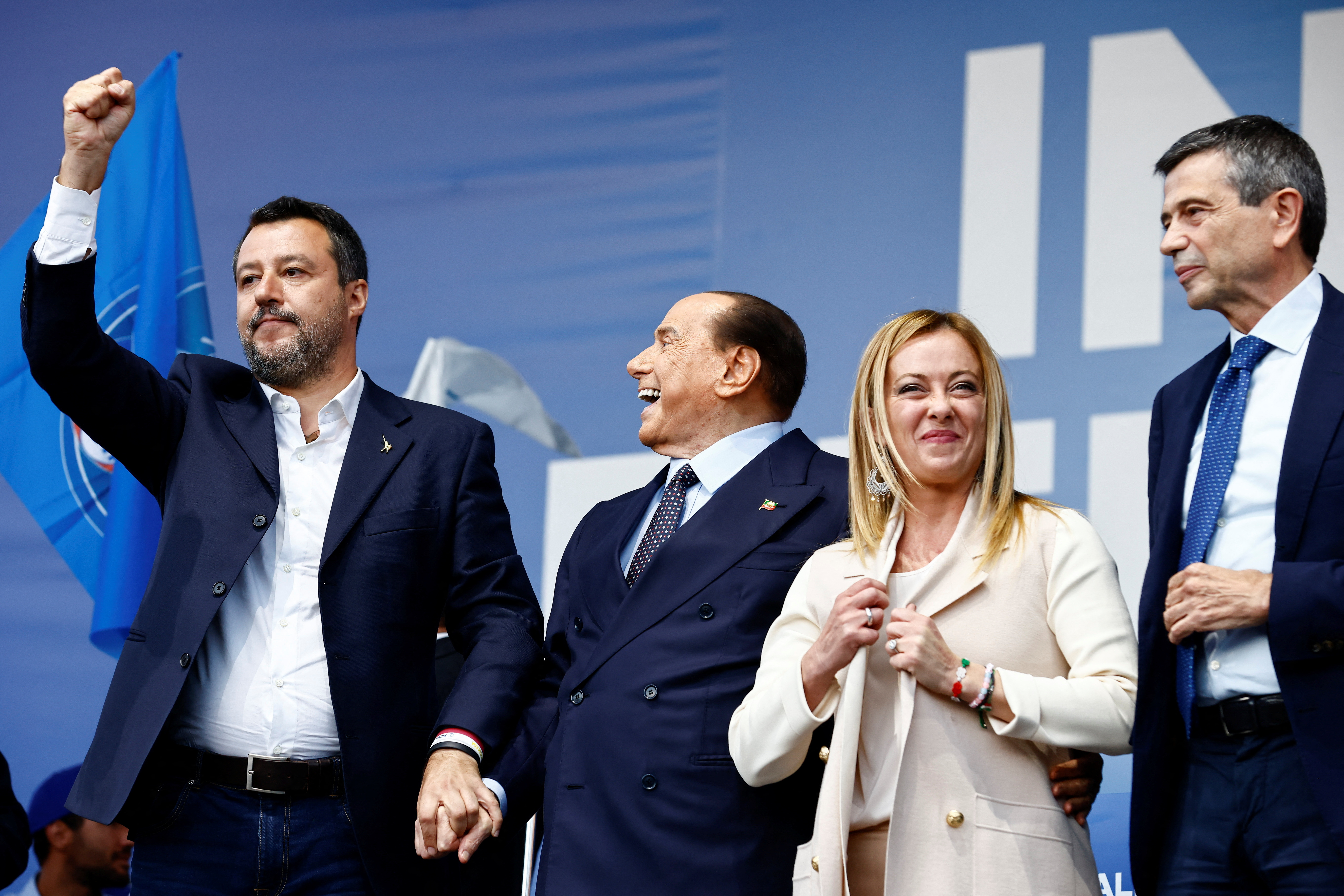 Elements of the new Italian government: Matteo Salvini of Lega, Silvio Berlusconi of Forza Italia and Giorgia Meloni of the neo-fascist Fratelli, during a campaign event in Rome in September.  (REUTERS/Yara Nardi).