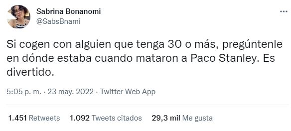 El tuit que inició la conversación que posicionó a "Paco Stanley" como una tendencia de redes sociales (Captura de pantalla: Twitter)