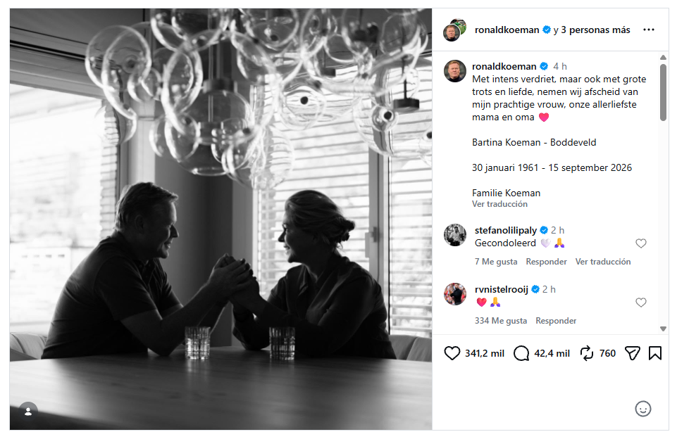El emotivo mensaje de Ronald Koeman tras la muerte de Bartina, su pareja desde que ten&iacute;a 17 a&ntilde;os