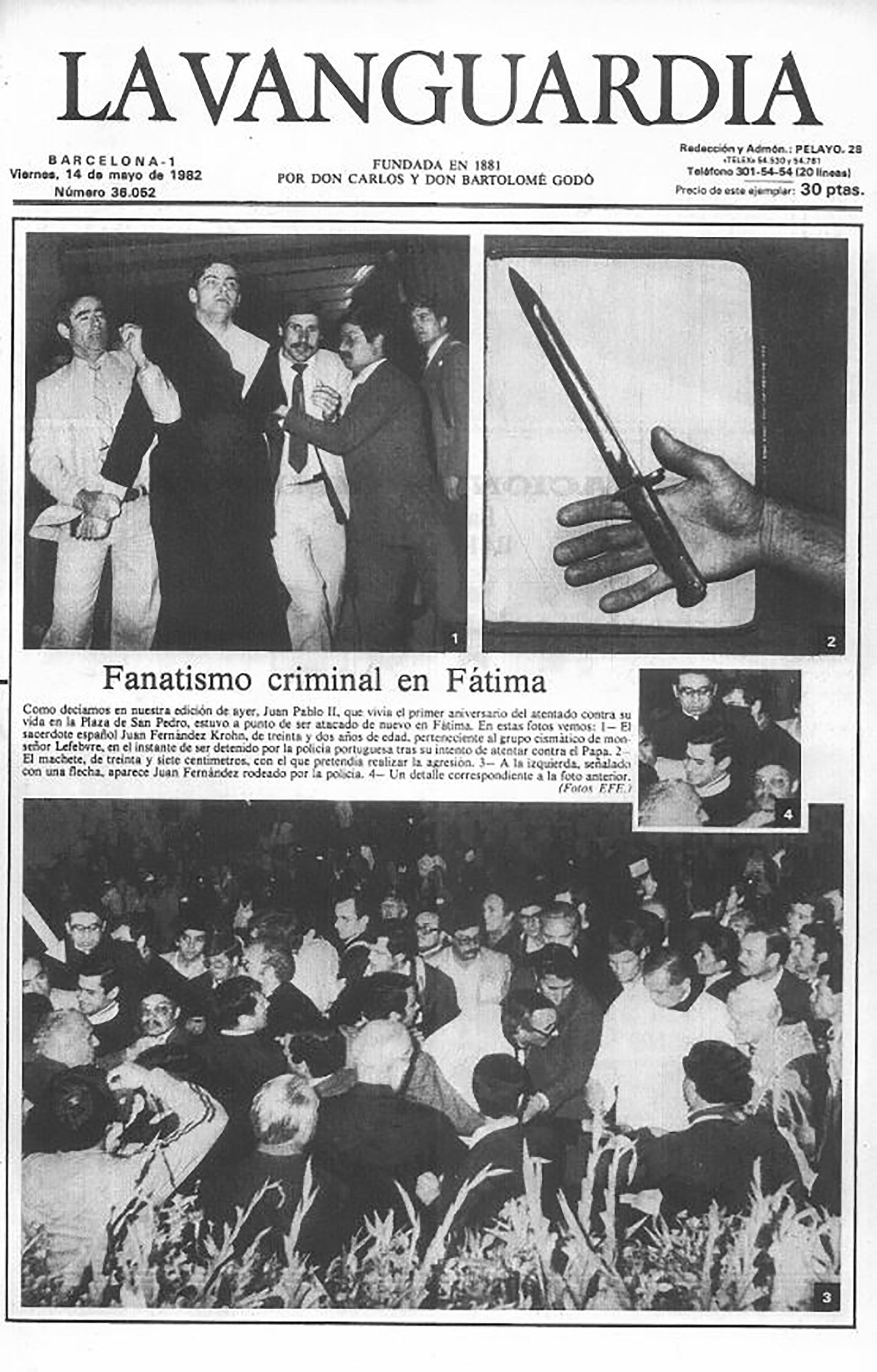 La tapa del diario español La Vanguardia con las imágenes del arma (una bayoneta de 35 cm) que utilizó el cura español Juan María Fernández y Krohn para intentar matar a Juan Pablo II un año después del atentado de Alí Agca