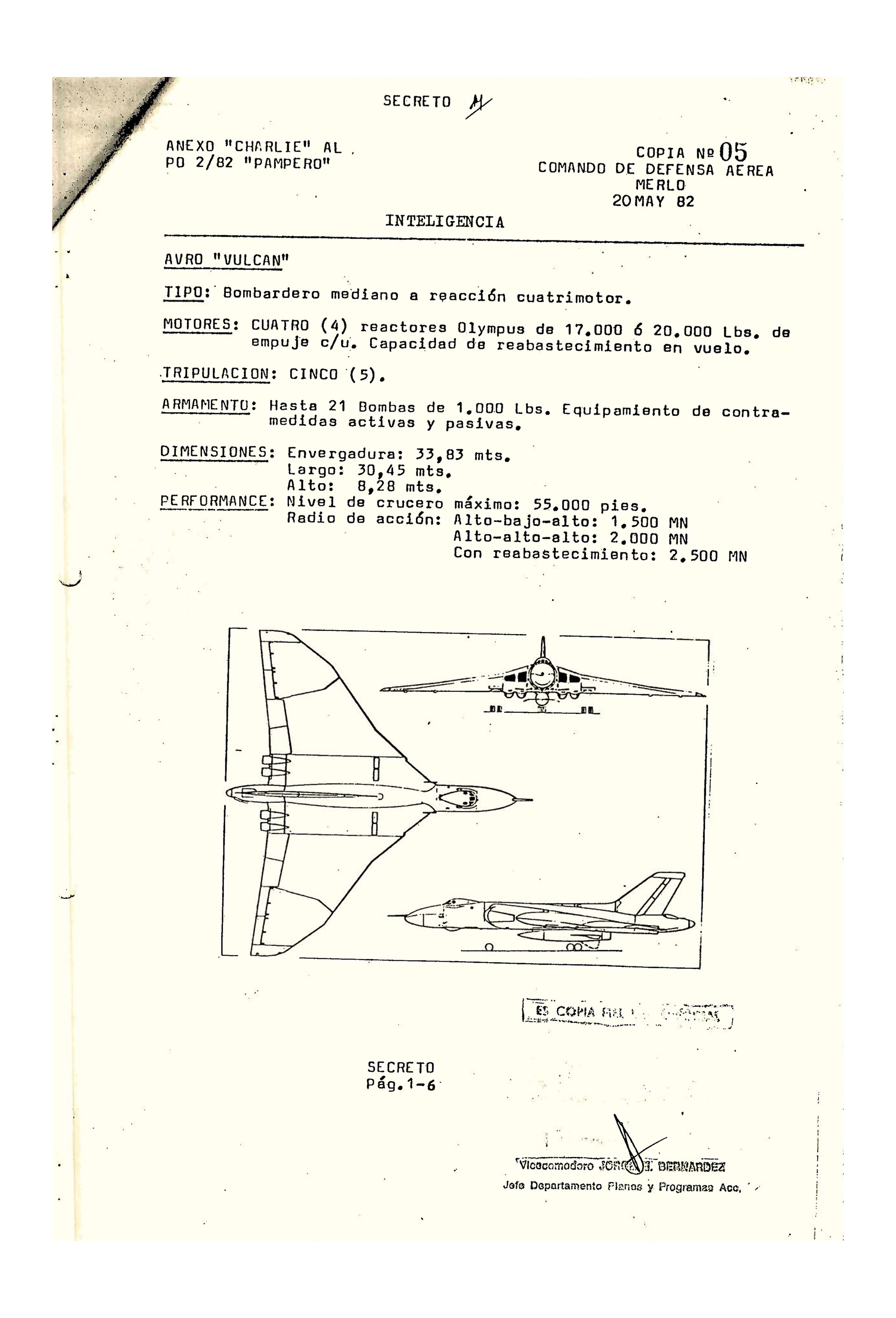 Ficha del bombardero Avro Vulcan, según el anexo de Inteligencia de la Operación PAMPERO
