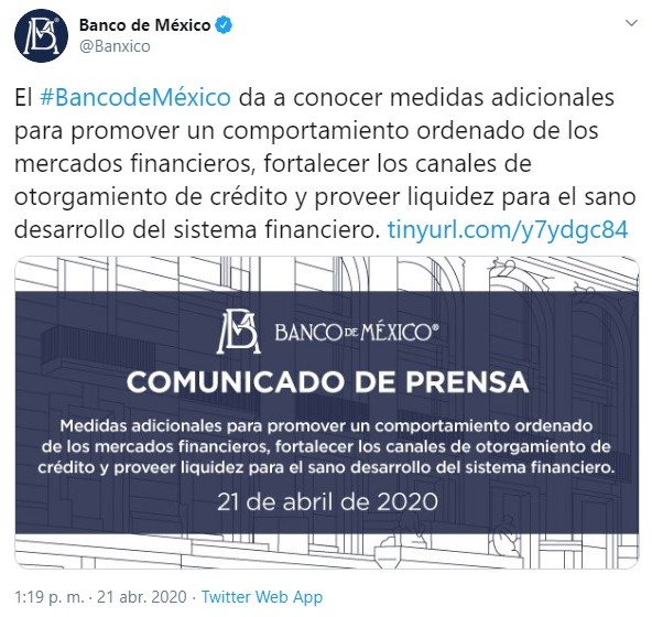 Banco de México dio a conocer medidas adicionales (Foto: Twitter@Banxico)