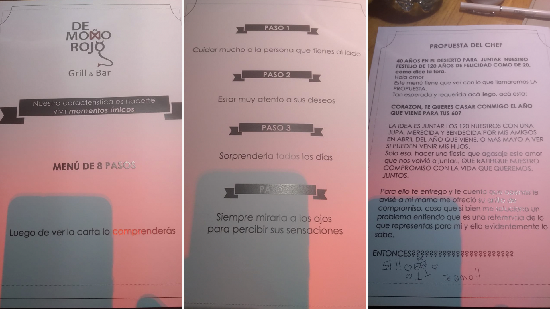 El "menú" del restaurante mendocino donde Gaby la invitó a cenar, que en realidad era su pedido de matrimonio. Y la firma de Telma: un "sí"