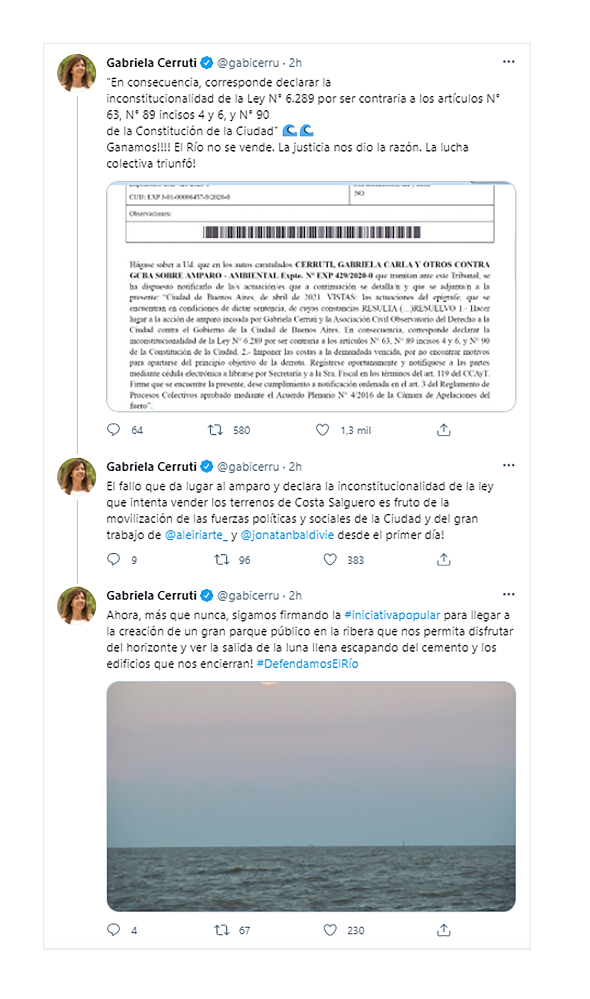 Los tuits de la diputada Gabriela Cerruti luego de que un juez diera lugar a su recurso de amparo