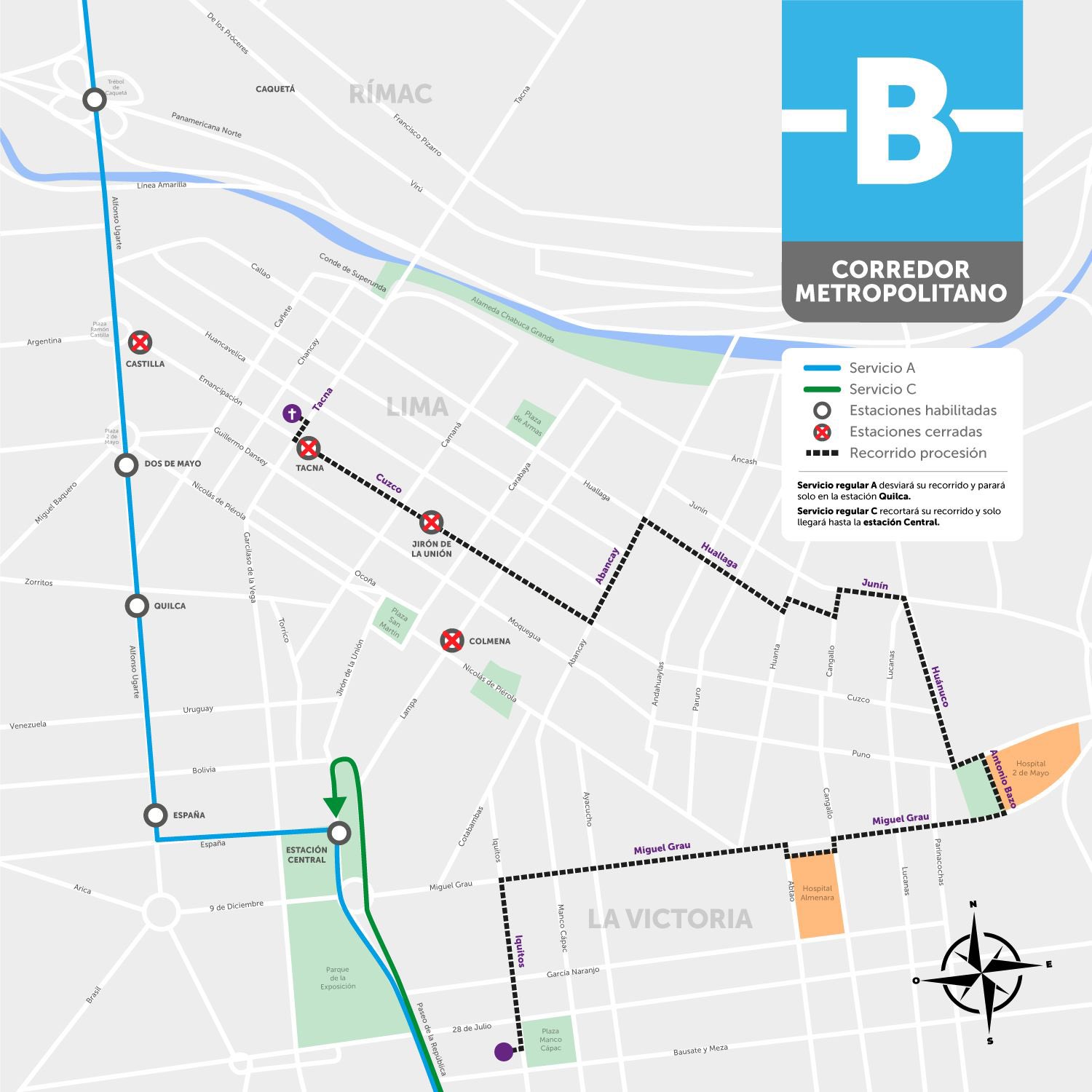 Rutas y desvíos del corredor del Metropolitano por las calles del Centro de Lima