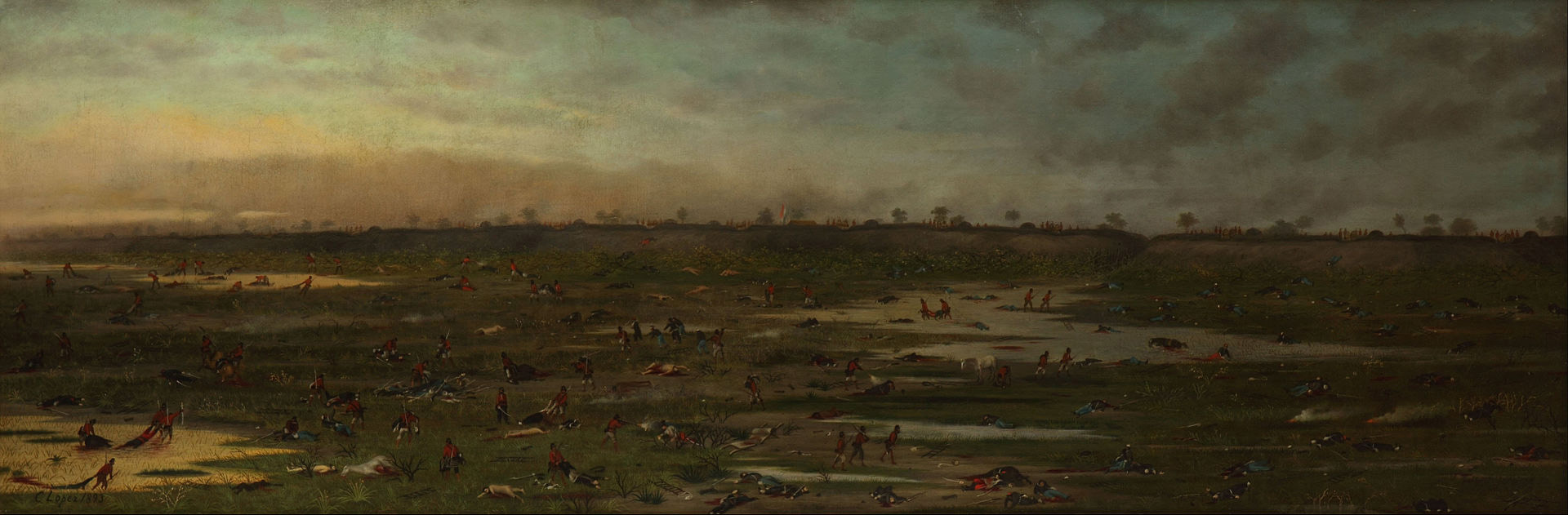 La batalla terminó y los soldados paraguayos despojan a los muertos de sus ropas y rematan a los heridos que no pueden ponerse en pie