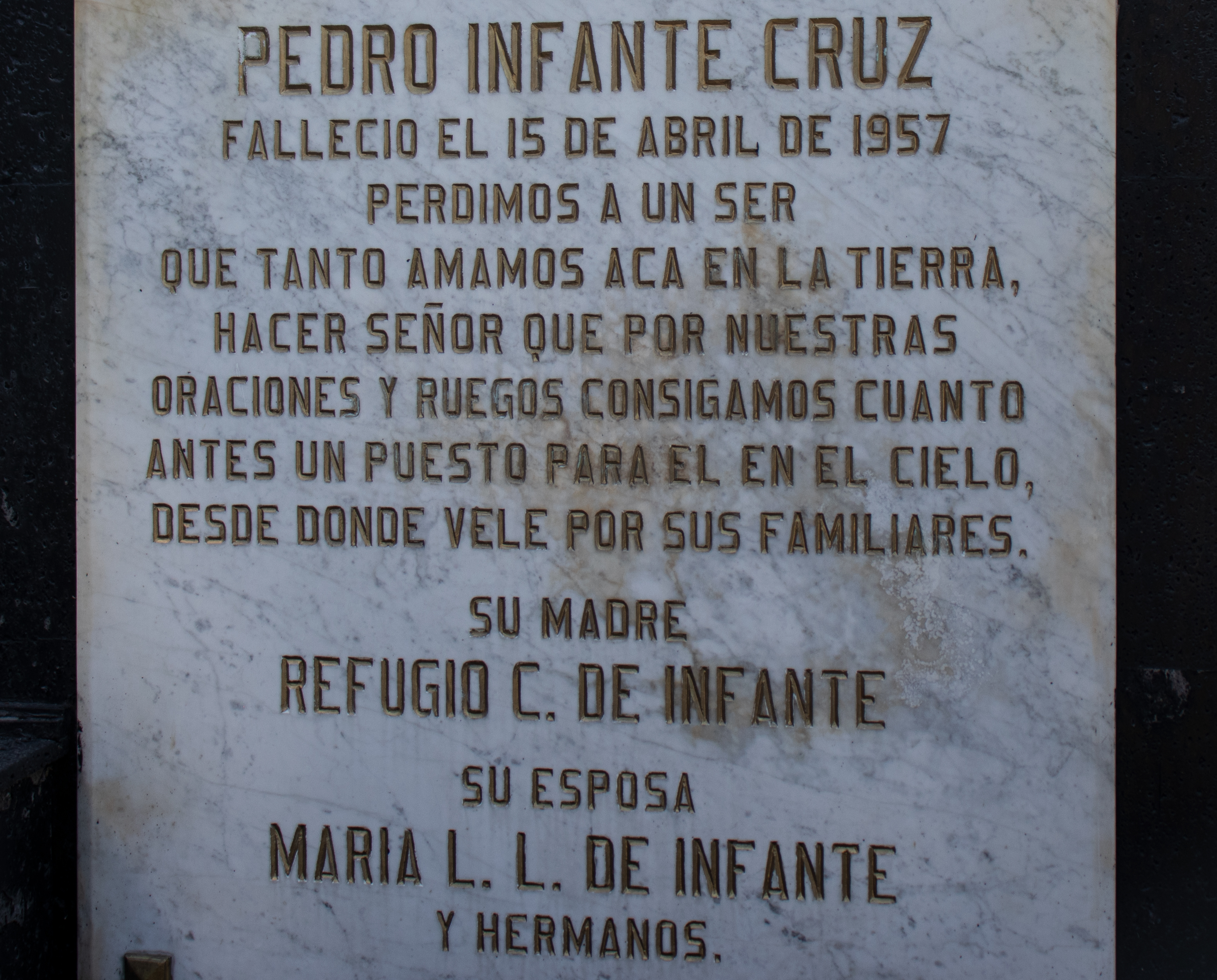 La tumba de Pedro Infante luce de color negro con recuadros de mármol, los cuales, les fueron escritas las dedicatorias de amigos, familiares y seguidores. 

Foto: Mau HL / Infobae