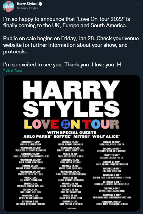 Harry Styles anuncia que su gira mundial tendrá tres fechas a mediados de noviembre en México Foto: Twitter/@Harry_Styles
