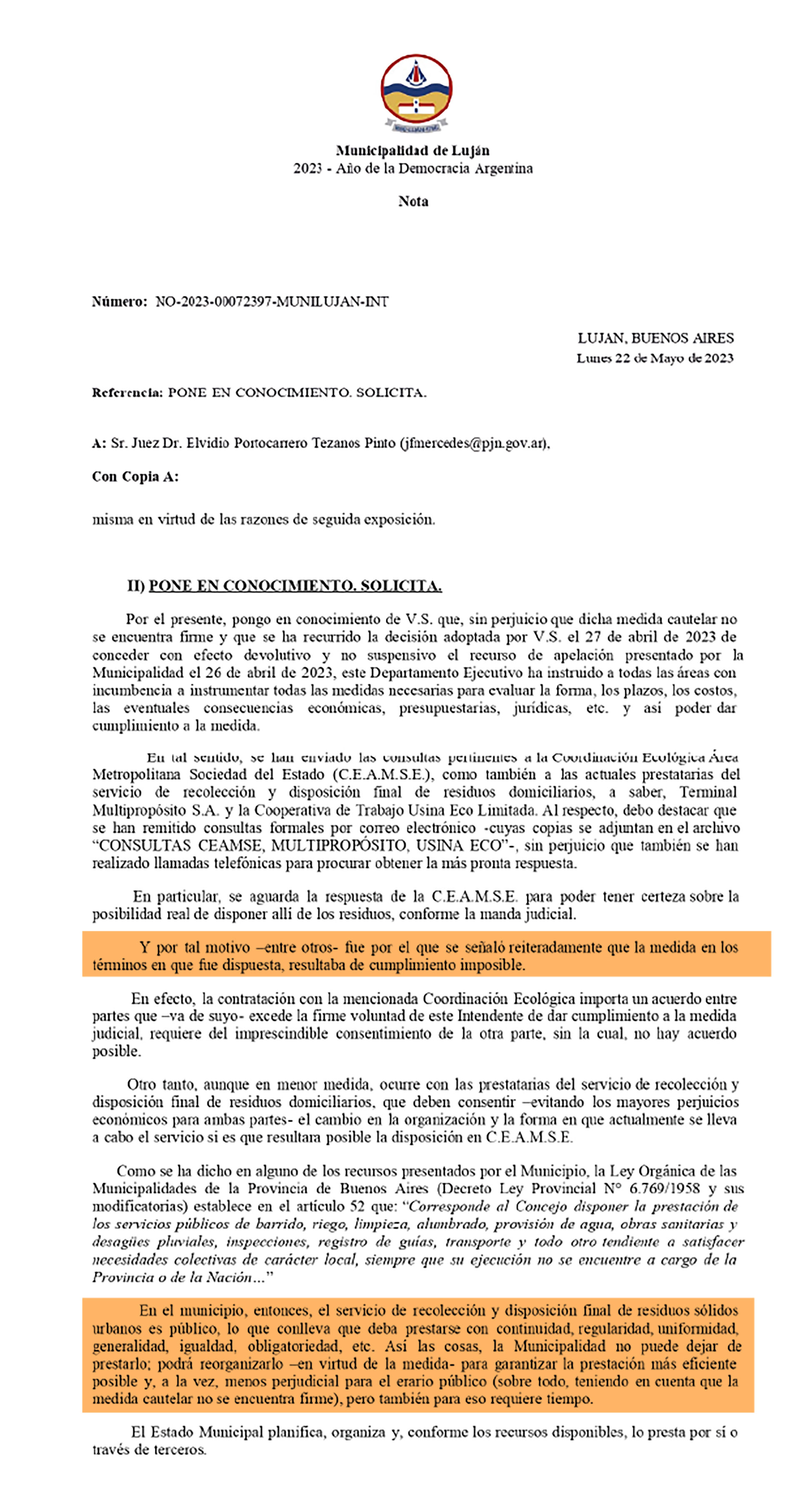 La intendencia de Luján reconoce que incumple con una orden judicial ordenada por el juez Elpidio Portocarrero Tezanos Pinto
