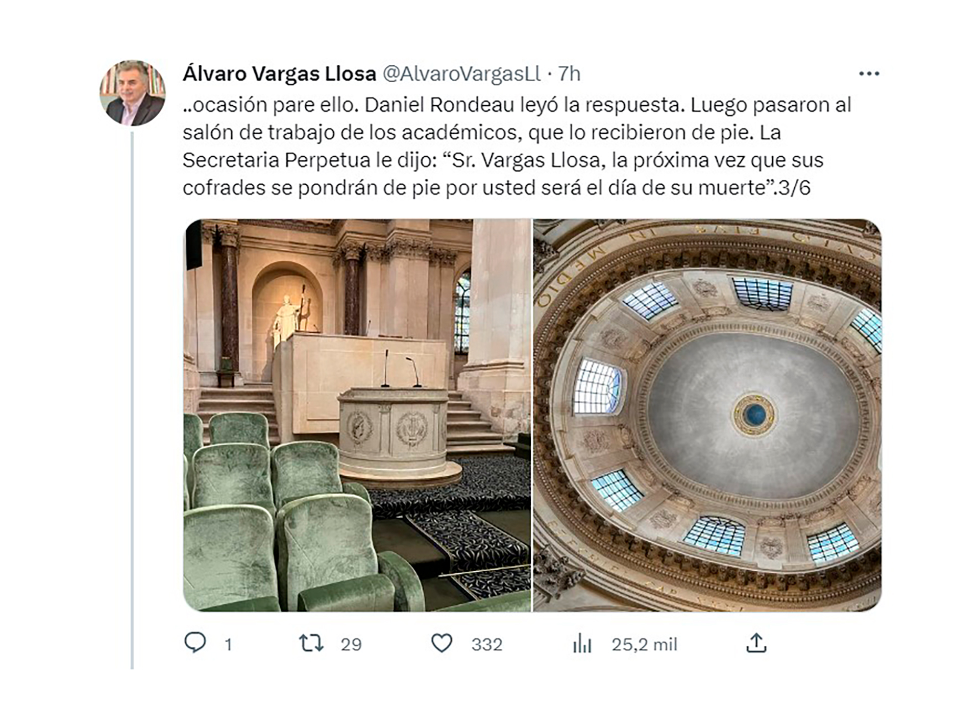 El detalle de los salones en que recibieron a Vargas Llosa antes de ser aceptado como miembro de la Academia Francesa de la Lengua (Cuenta de Twitter de Álvaro Vargas Llosa)