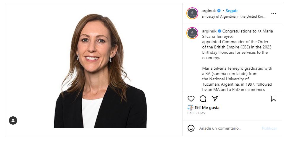 La embajada argentina en Inglaterra saludó a la economista en Instagram. Y la delegación diplomática británica en el país destacó la importancia de la distinción de Su Majestad el Rey Carlos III