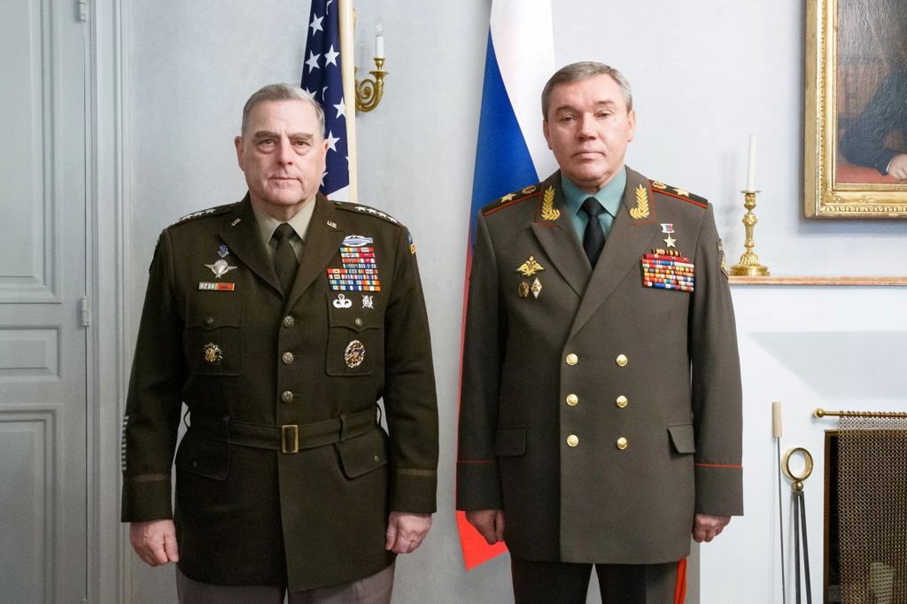 Mark Milley, chairman of the US Joint Chiefs of Staff, and Valery Gerasimov, chief of the Russian General Staff during a meeting in Helsinki in September 2012 (Russian Defense Ministry Press Service via REUTERS)