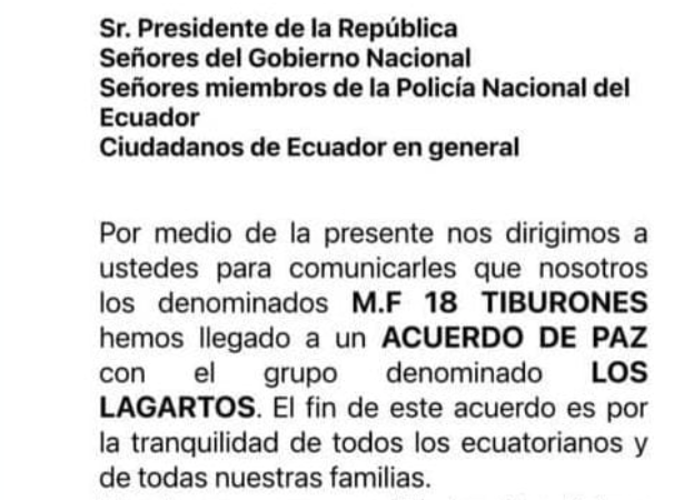 La plataforma ciudadana SOS Cárceles Ecuador difundió una carta de la banda Mafia 18 Tiburones dirigida al presidente Guillermo Lasso, en donde anuncian un acuerdo de paz con pandillas rivales. (SOS Cárceles)