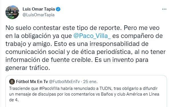 Luis Omar Tapia desmintió renuncia de Paco Villa de TUDN (Foto: Twitter/@LuisOmarTapia)