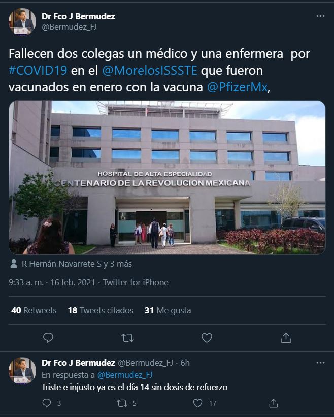 Murieron de COVID-19 dos trabajadores de la salud en Morelos que no  recibieron a tiempo la segunda dosis de la vacuna - Infobae