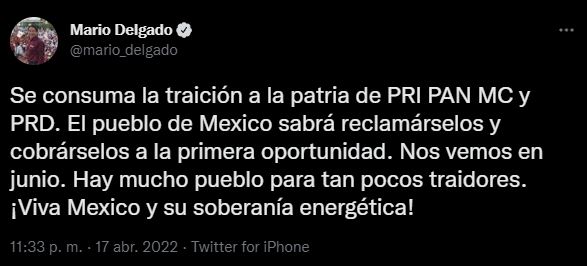 El líder de Morena llamó "traición" al revés contra Reforma Eléctrica (Foto: Twitter)
