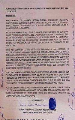 La alcaldesa de Santa María del Río renunció a su cargo, tras 17 días de haber asumido la responsabilidad (Facebook)