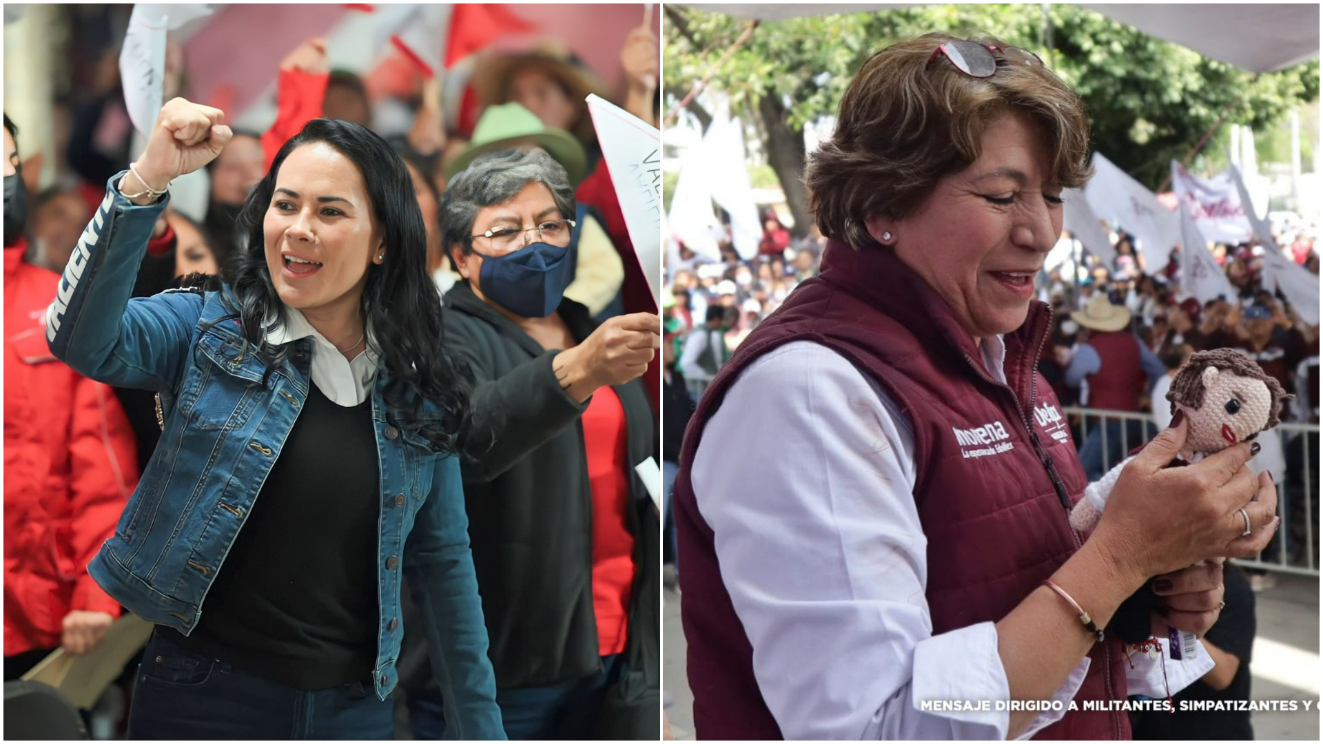 Las aspirantes en su cierres de campaña en Texcoco. (Twitter/@delfinagomeza/@alejandraDMV)