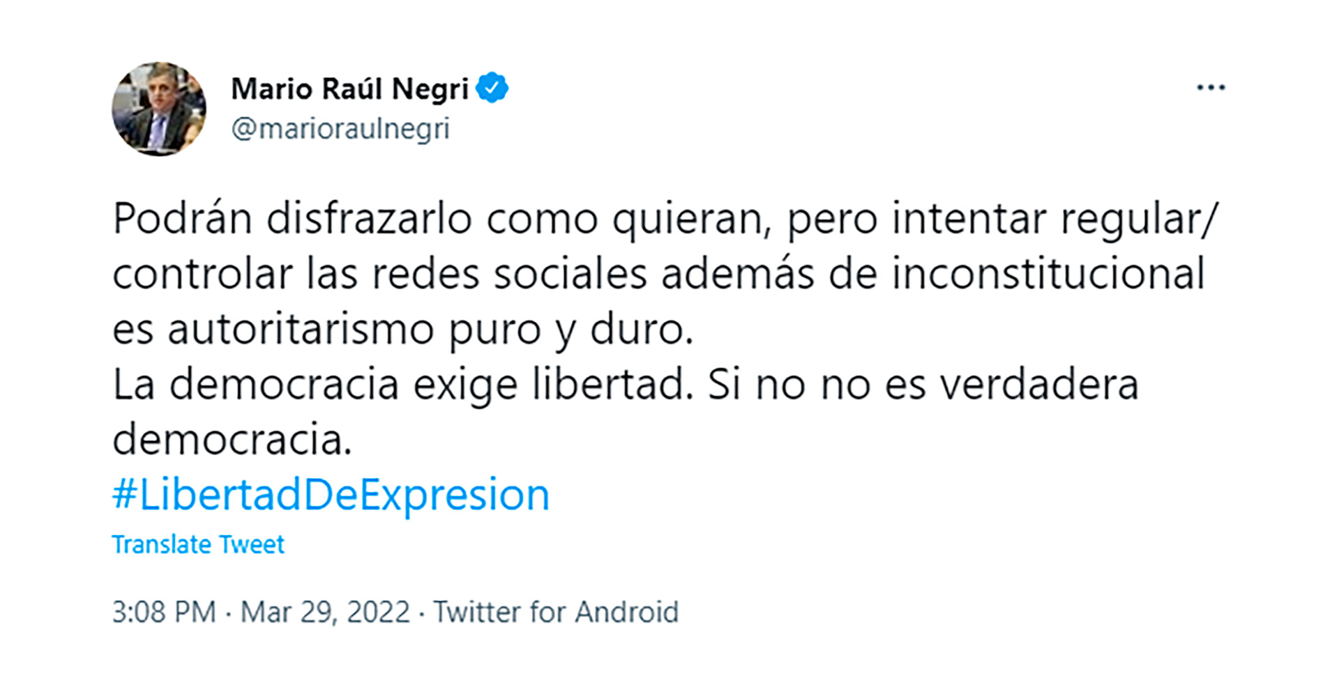 Tuit de Mario Negri, referente radical