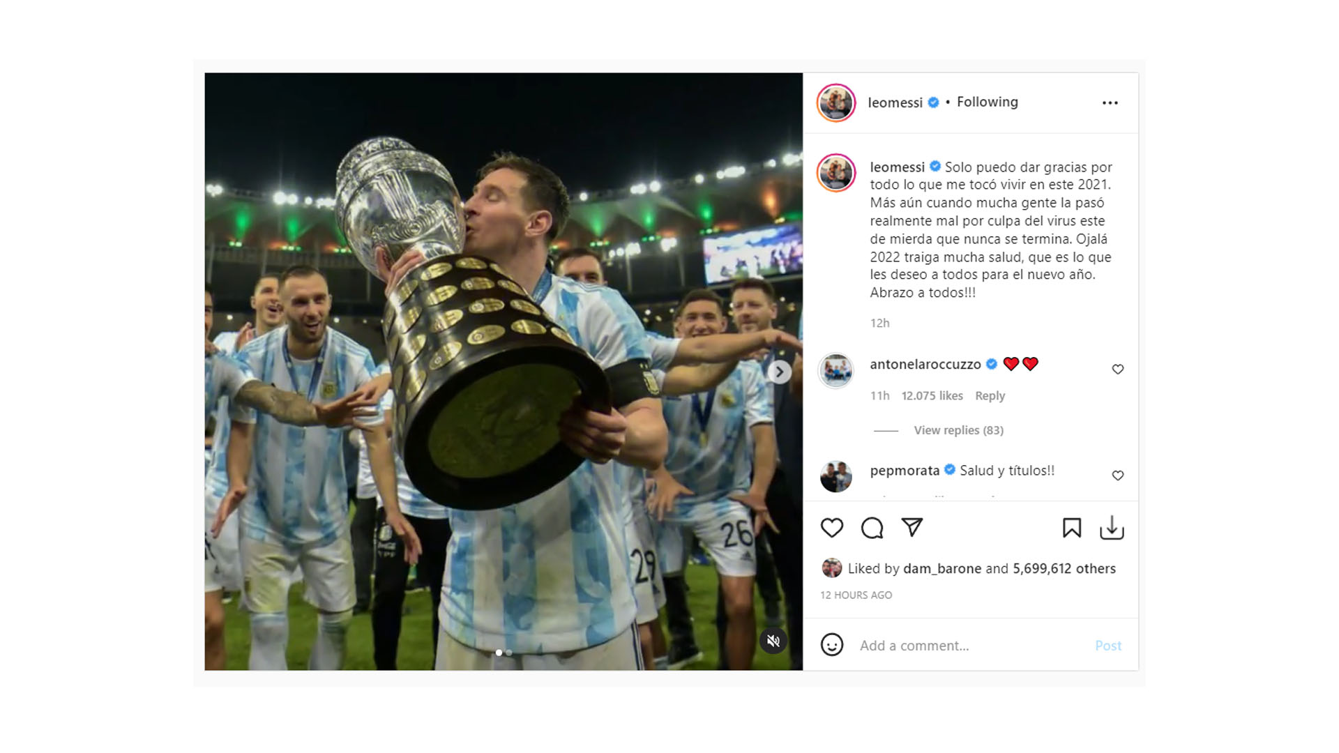 El argentino compartió un mensaje para despedirse del 2021 y recibir el 2022 en su cuenta de Instagram 