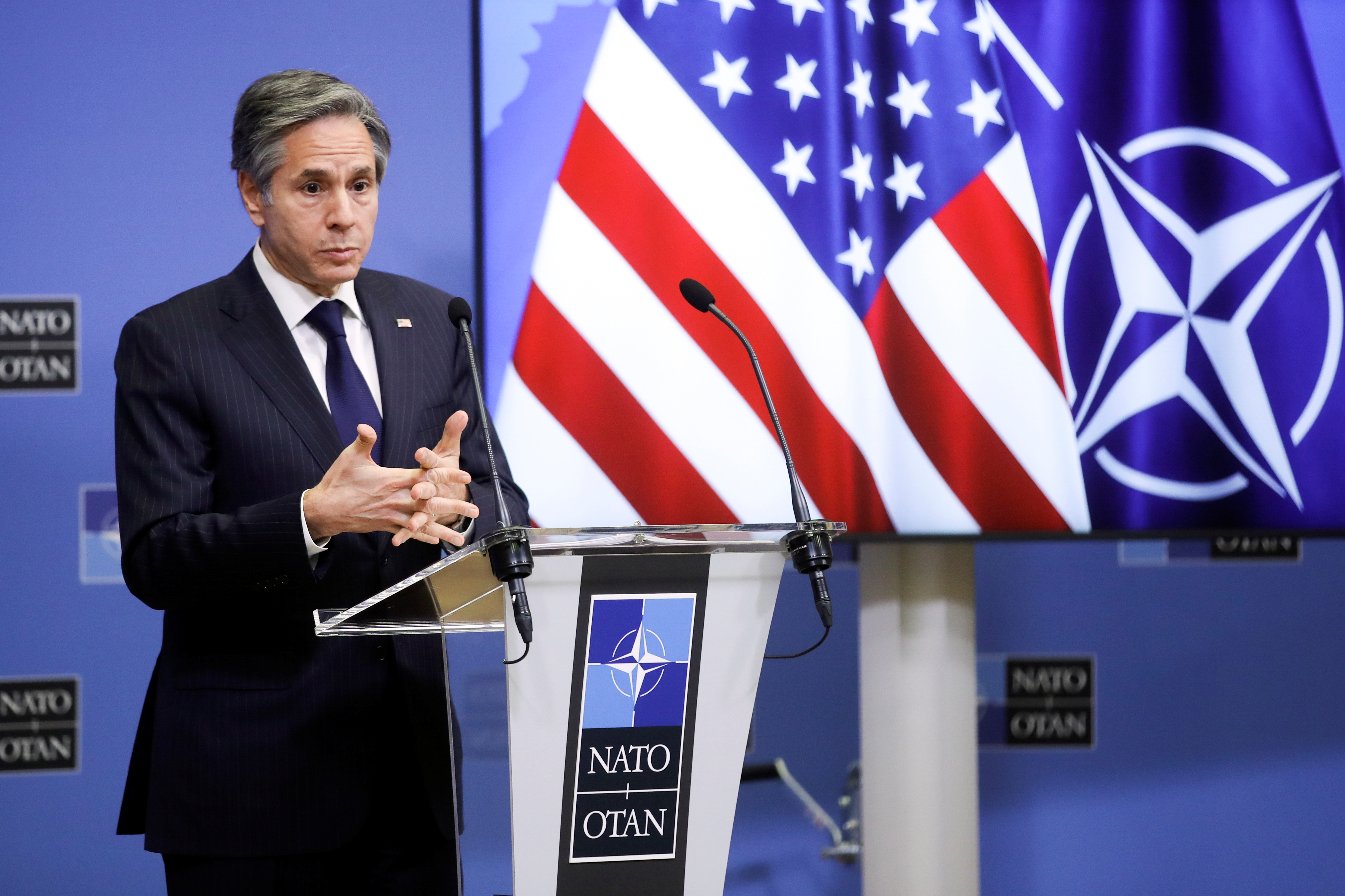 El secretario de Estado norteamericano, Antony Blinken, durante una conferencia de prensa al final de una reunión de ministros de Relaciones Exteriores de la OTAN en la sede de la Alianza en Bruselas, Bélgica, este 24 de marzo (Reuters)