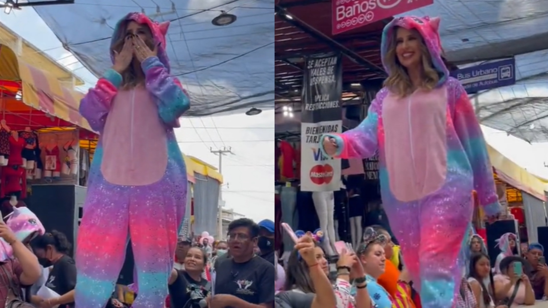 Raquel Bigorra modeló con mameluco de unicornio en mercado de Chinconcuac
