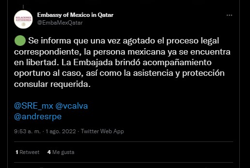 Después de haber sido reportado como desaparecido, la Embajada de México en Qatar confirmó la liberación del mexicano (Foto: Twitter@EmbaMexQatar