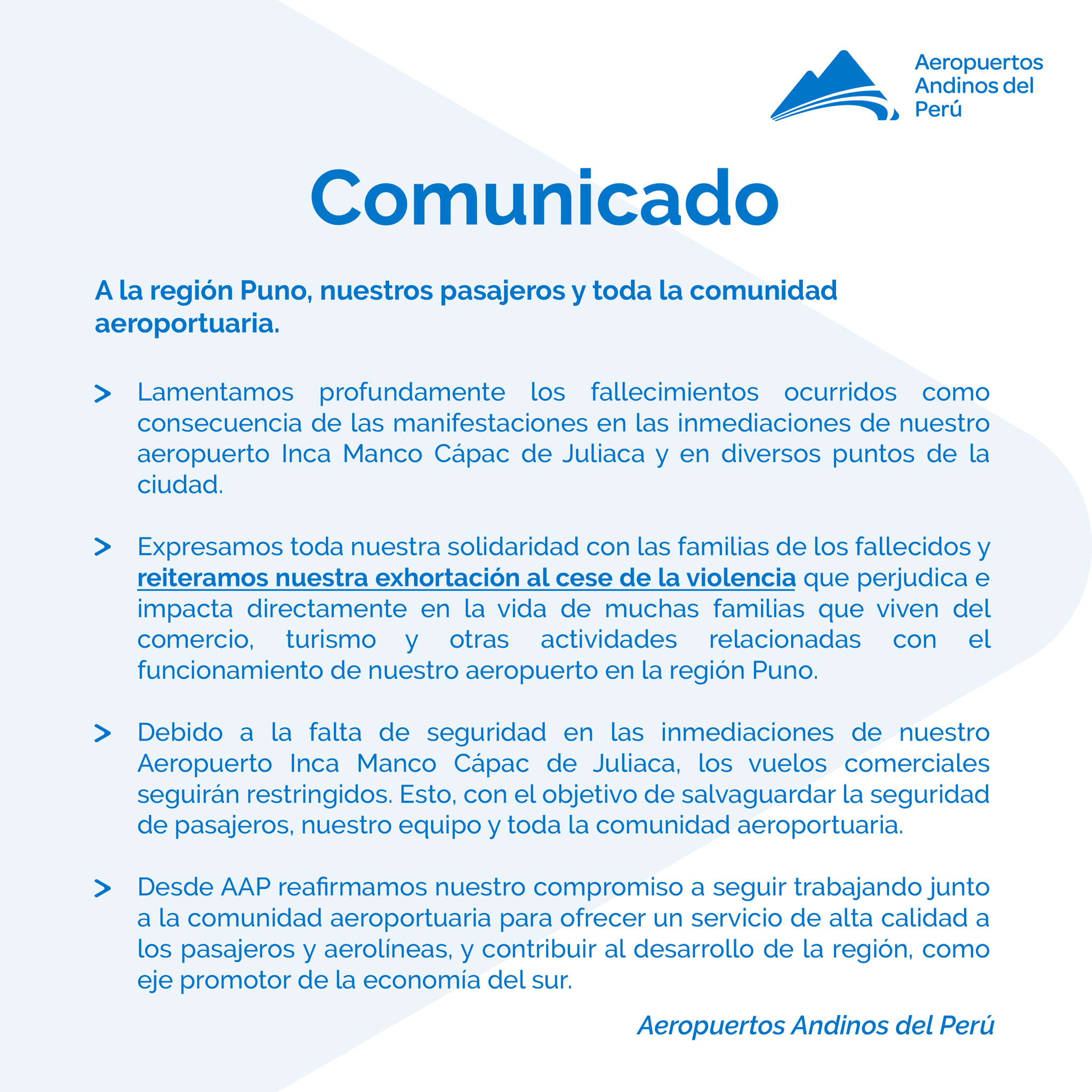Comunicado de Aeropuertos Andinos del Perú.