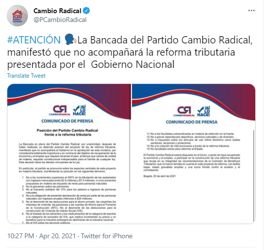Captura de pantalla de Twitter: partido Cambio Radical se opone a la Reforma Tributaria del Gobierno Duque