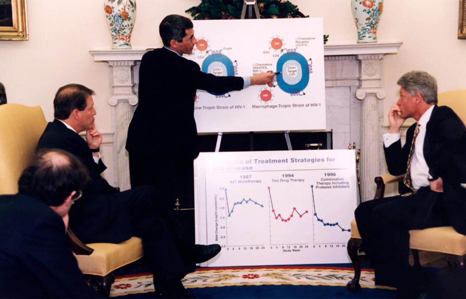 Anthony S. Fauci, el principal científico del gobierno que investiga el VIH, dio una lección sobre la biología del SIDA al presidente Bill Clinton y al vicepresidente Al Gore en la Casa Blanca en 1996