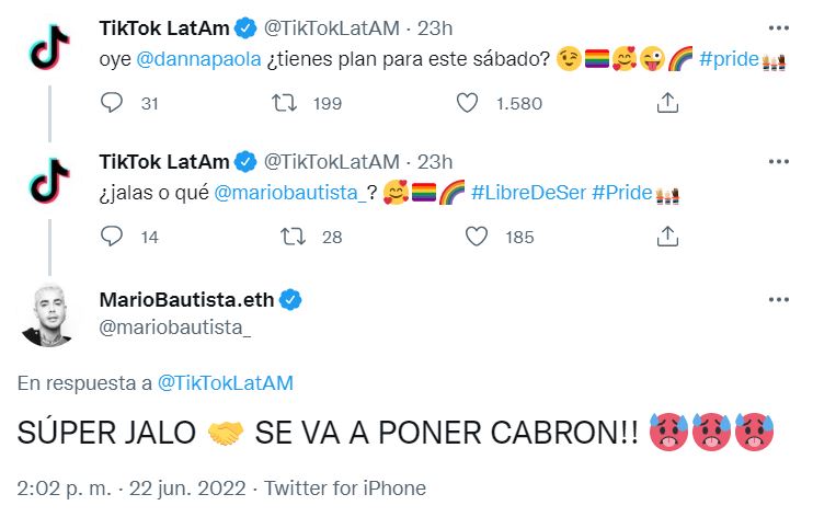 Dentro de este mismo hilo, Danna Paola y Mario Bautista confirmaron su asistencia a la Marcha LGBT+ (Foto: captura de pantalla/Twitter)