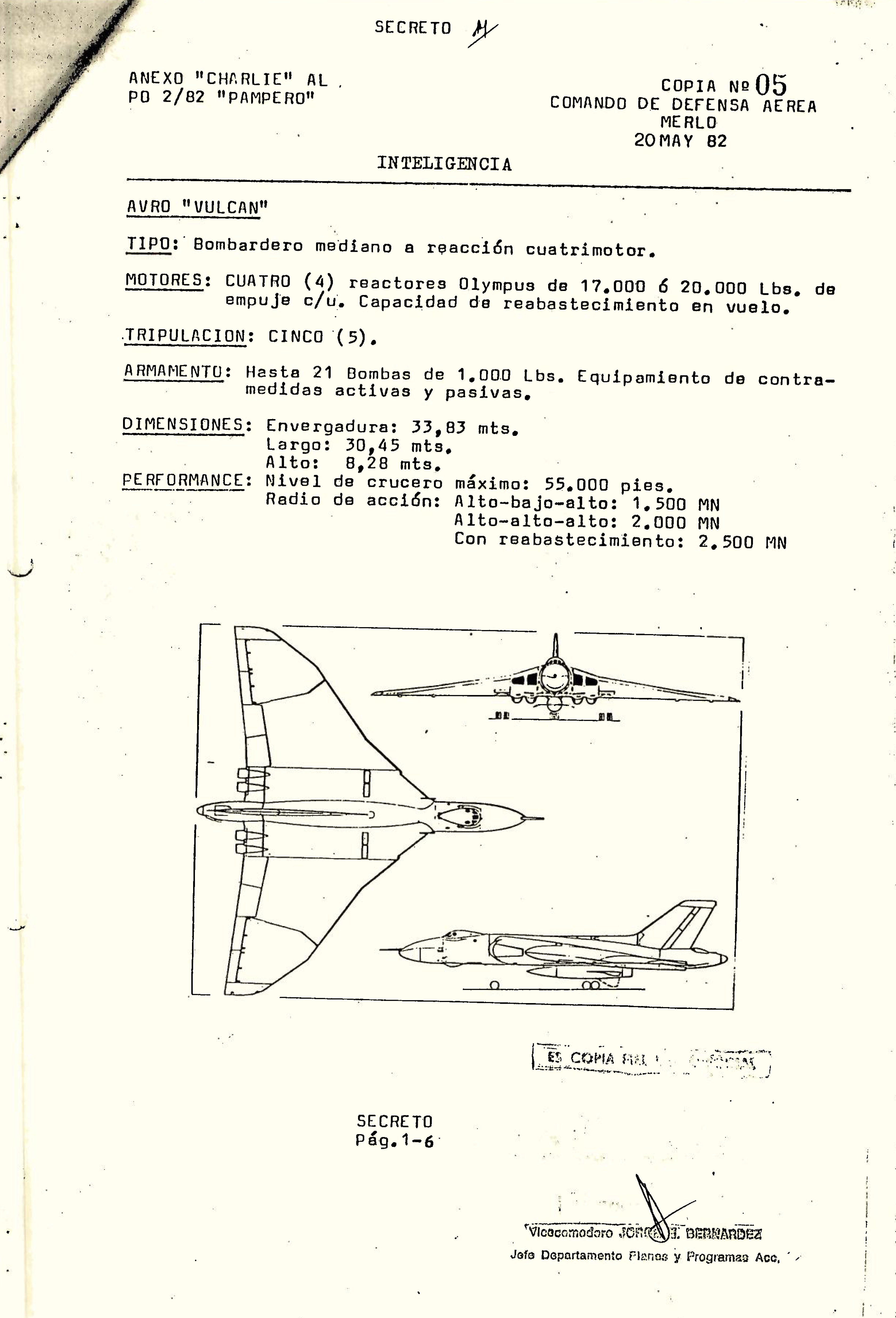 Ficha del bombardero Avro Vulcan, según el anexo de Inteligencia de la Operación Pampero