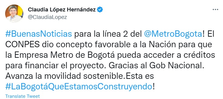 Reacción de la alcaldesa Claudia López acerca de las garantías que entregó el Conpes para la segunda línea del metro. (@ClaudiaLpoez)